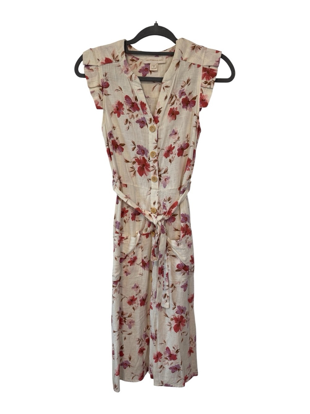 Monteau Cream Maxi Belted Dress with Pink Salmon Lavender Floral Print Size XS